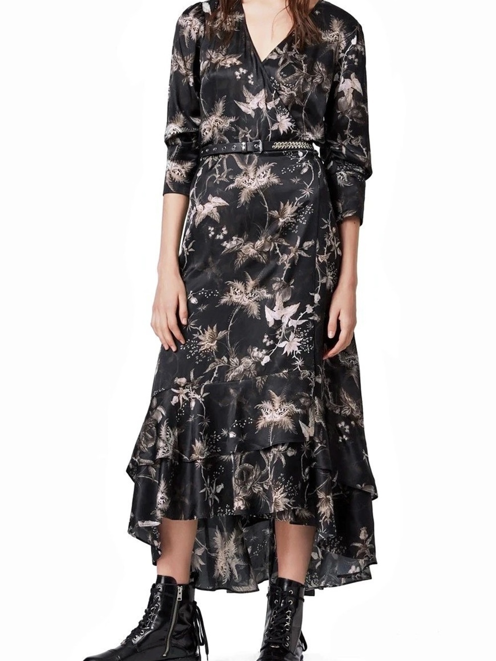 Like New All Saints Tage Evolution Floral Print High/Low Wrap Dress Size Small